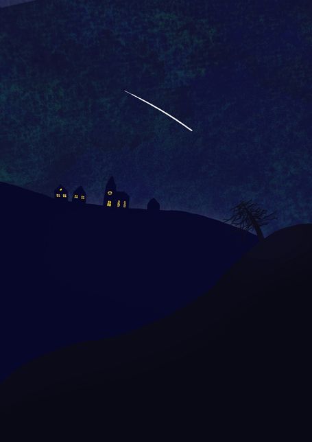 Eine kahle Berglandschaft bei Nacht. Eine Sternschnuppe fliegt über einem Dorf, in dem in weiter Ferne einige Fenster leuchten.